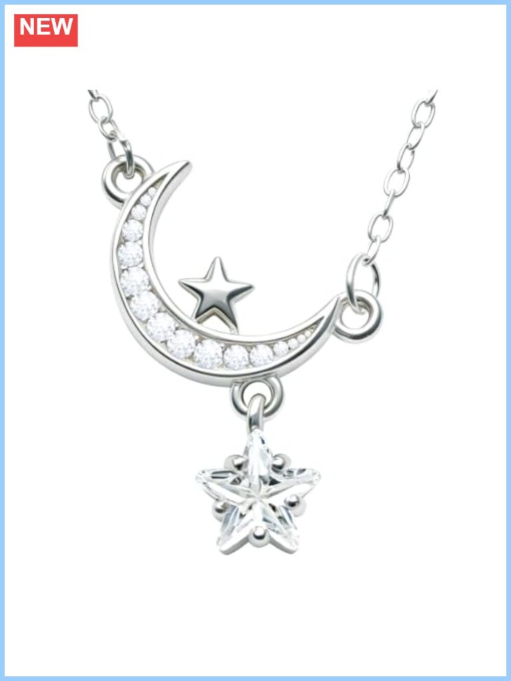 Crescent Moon Star Pendant Necklace 925 Sterling Silver 18K White Gold Plated CZ